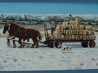 A mural of 2 men hauling hay by carriage in the snow