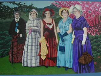 A mural of 5 older ladies