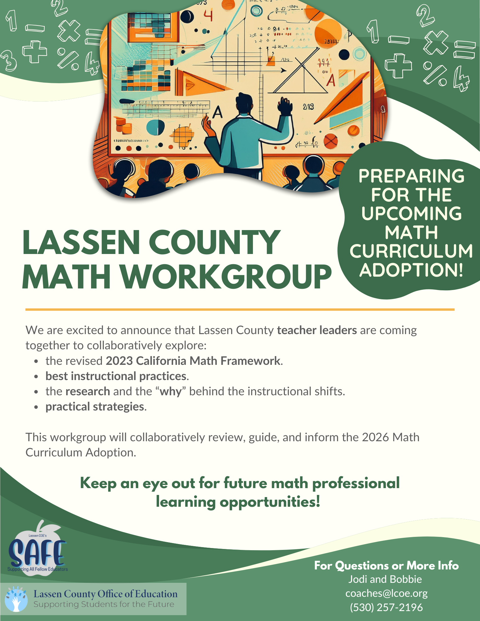 A poster of someone doing a math problem with the Lassen County Math Workgroup coming up to work collaboratively