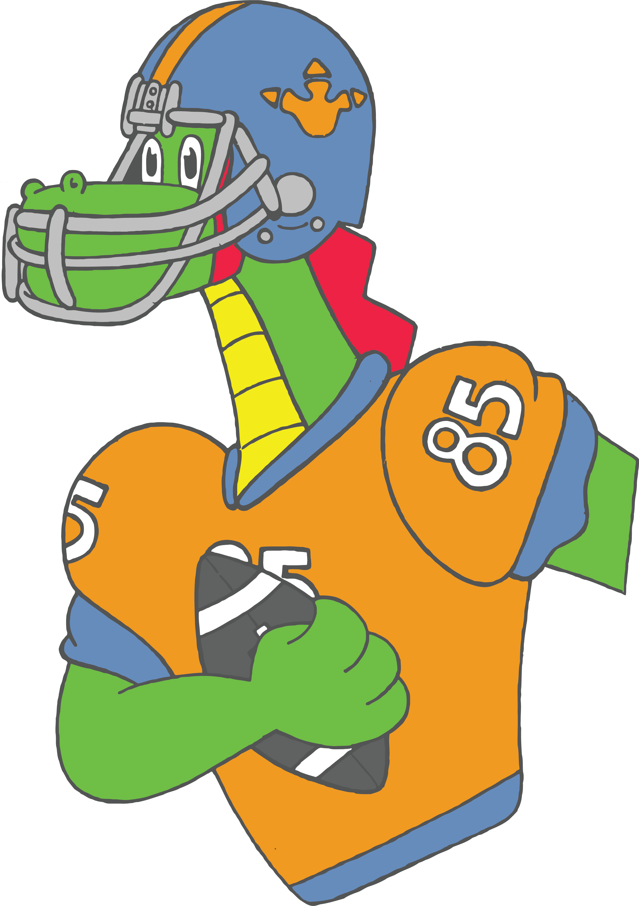 Dandy the smokeless dragon in football gear running a football