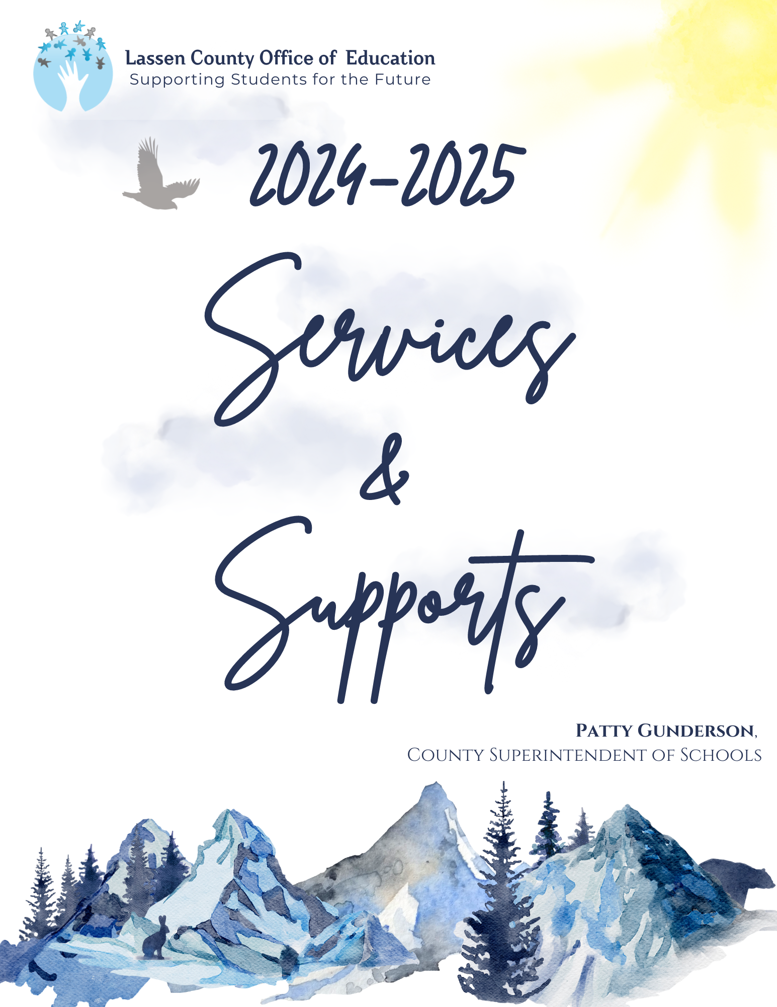 Lassen County Office of Education's 2024-25 Services & Supports cover page of catalog. Mountain-scape with sun and bird flying. 