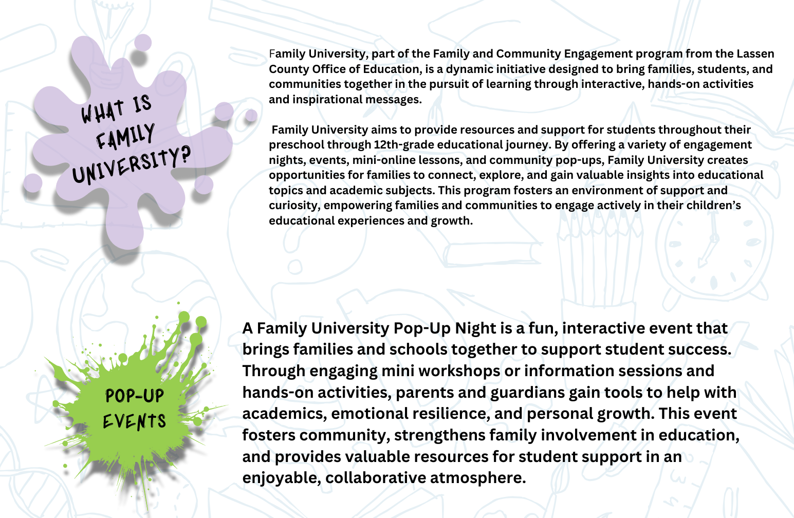 What is family university and the pop up events that we offer